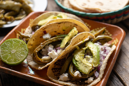 Traditional mexican grilled nopal cactus tacos with cheese and avocado on wooden backgroundの写真素材