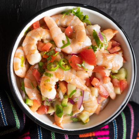Traditional mexican shrimp ceviche with tomato and serrano pepper on black backgroundの写真素材