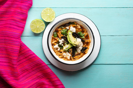 Traditional mexican tortilla soup also called "azteca" on turquoise backgroundの写真素材