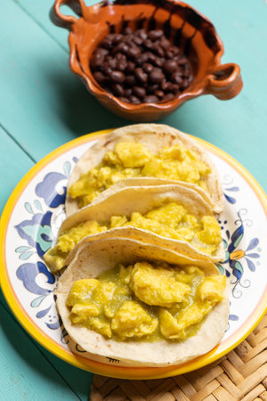 Traditional mexican scrambled eggs tacos with green sauce on turquoise backgroundの写真素材