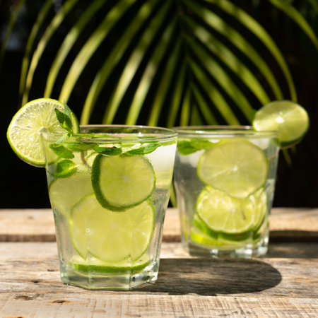 Traditional lime and mint cocktail with rum called mojito on wooden background