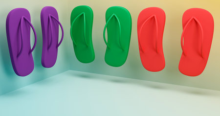 Set of sandals with tropical colors. 3D illustration renderの写真素材