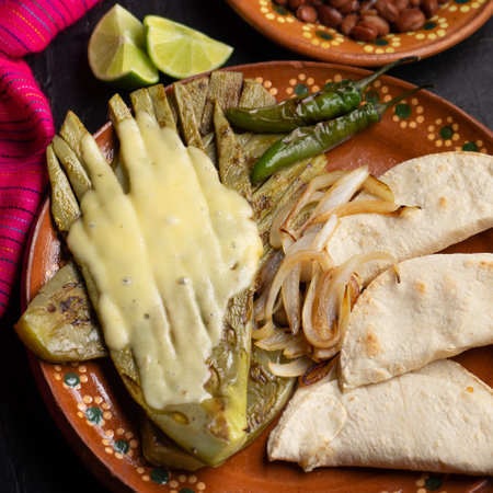 Traditional mexican grilled nopal cactus with quesadillas and serrano chili peppers on dark backgroundの写真素材