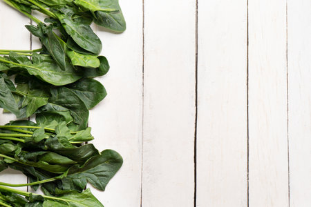 Bundle of fresh spinach on white backgroundの写真素材