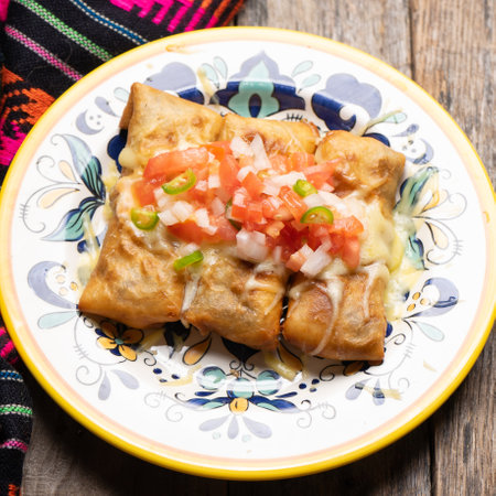 Traditional mexican chimichanga with melted cheese and pico de gallo sauce on wooden backgroundの写真素材