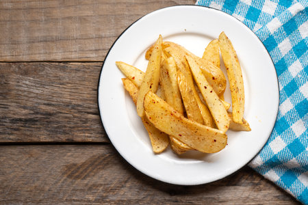 Traditional french fries on wooden background