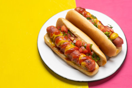 Traditional hot dog with pico de gallo salad on pink and yellow backgroundの写真素材