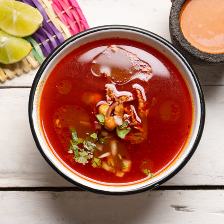 Traditional mexican beef birria consomme on white backgroundの写真素材