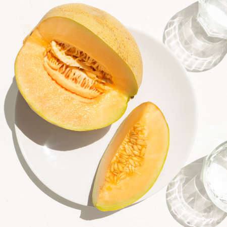 Sweet muskmelon fruit on white backgroundの写真素材