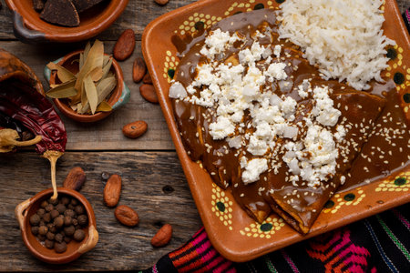 Traditional mexican mole enchiladas with rice on wooden backgroundの写真素材