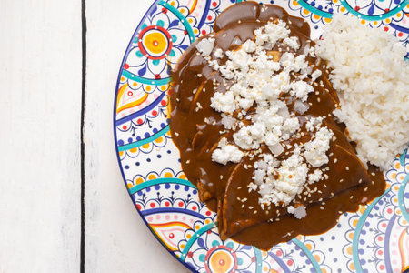 Traditional mexican mole enchiladas with rice on white backgroundの写真素材