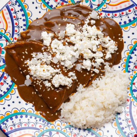 Traditional mexican mole enchiladas with rice on white background