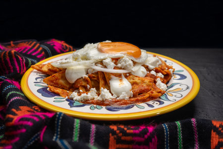 Traditional mexican red chilaquiles with fried egg on dark backgroundの写真素材