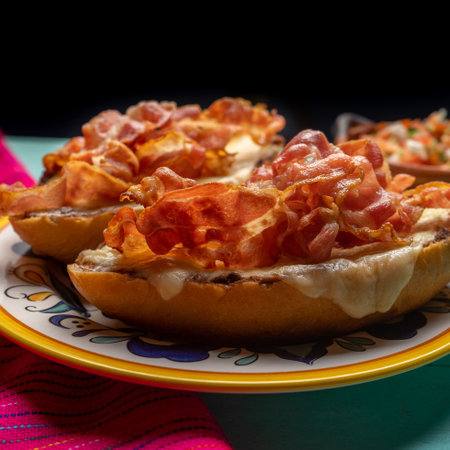 Traditional mexican molletes with bacon and pico de gallo sauce on turquoise backgroundの写真素材