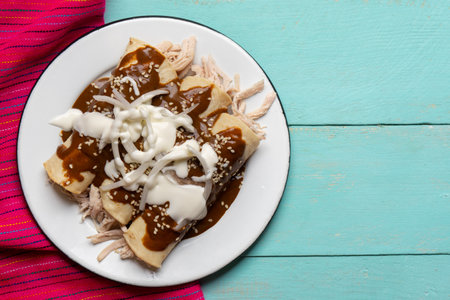 Traditional mexican chicken enchiladas with mole sauce on turquoise backgroundの写真素材