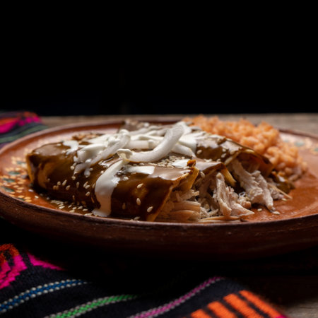 Traditional mexican chicken enchiladas with mole sauce and rice on wooden backgroundの写真素材