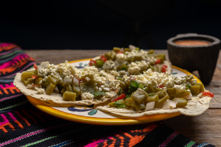 Traditional mexican nopal cactus tacos with cheese on wooden backgroundの写真素材
