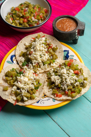 Traditional mexican nopal cactus tacos with cheese on turquoise backgroundの写真素材