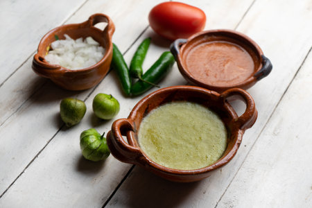 Traditional mexican red and green sauce on white backgroundの写真素材