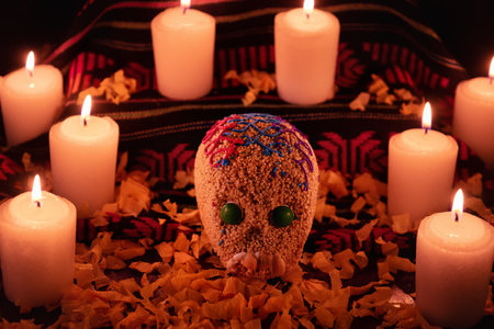 Traditional mexican day of the dead altar with bread and sugar skulls on dark backgroundの写真素材