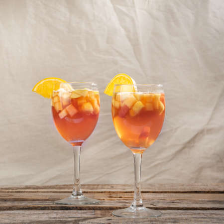 Cold sangria cocktail with wine and fresh fruitの写真素材