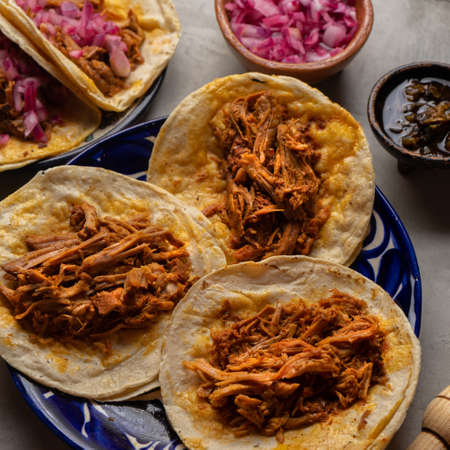 Traditional mexican food. Pork tacos called Cochinita pibil on gray backgroundの写真素材