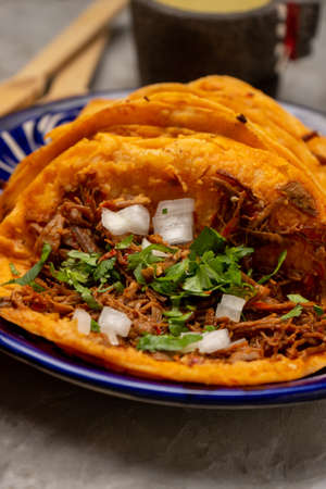 Birria tacos on a gray background. Traditional mexican food