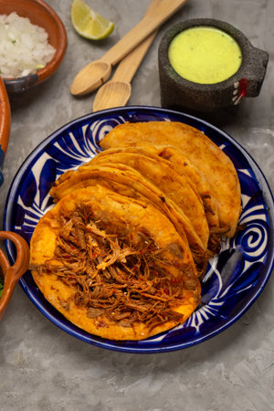 Birria tacos on a gray background. Traditional mexican foodの写真素材