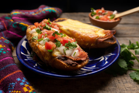 Molletes with ham, refried beans and melted cheese on a wooden background. Traditional mexican foodの写真素材