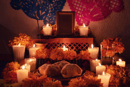 Traditional mexican Day of the Dead Altar with cempasuchil flowersの写真素材
