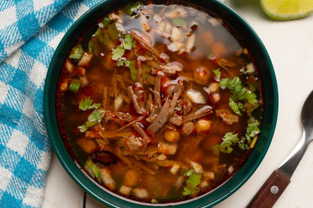 Beef birria consomme with chickpeas. traditional mexican food