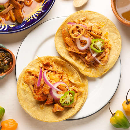 Cochinita pibil tacos with habanero pepper and purple onion. traditional mexican foodの写真素材