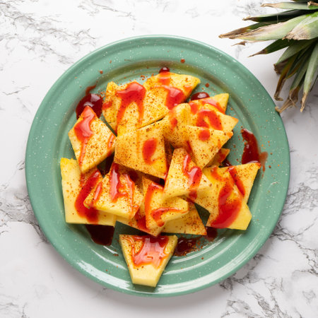 Pineapple fruit with chili powder and chamoy. mexican food