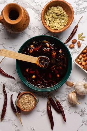 Chili oil sauce with sesame and peanuts called macha. traditional mexican foodの写真素材