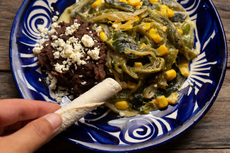 Poblano pepper slices with cream sauce. traditional mexican foodの写真素材