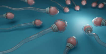 group of spermatozoa swimming on a blue background towards a light area, fertility concept. 3D render illustrationの写真素材