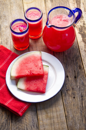 Fresh watermelon water in glass jarの写真素材