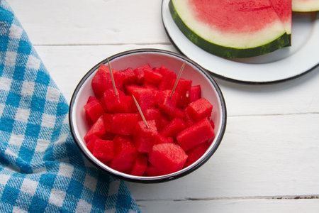 Cutted fresh watermelon fruit without seedsの写真素材
