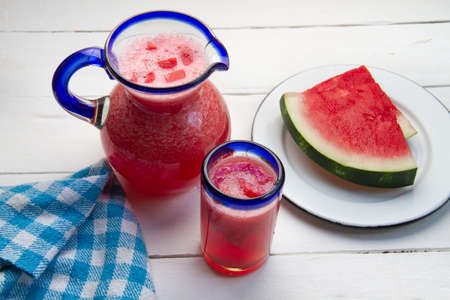 Fresh watermelon water in glass jarの写真素材