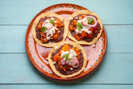 picadillo corn tostadas with cheese and beans. traditional mexican foodの写真素材
