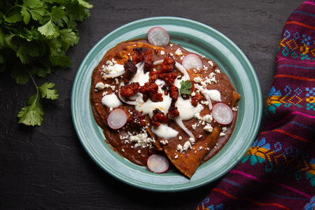 Traditional mexican enfrijoladas with chorizo and fresh cheeseの写真素材