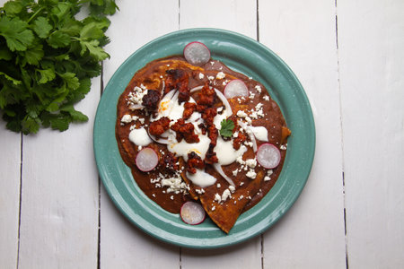 Traditional mexican enfrijoladas with chorizo and fresh cheeseの写真素材