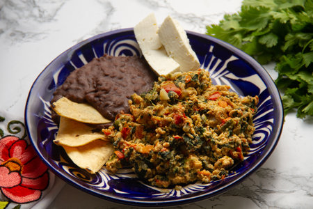 Experience Yucatecan cuisine with our Huevo con Chaya. Scrambled eggs with indigenous chaya, succulent tomatoes, onion, refried beans, and fresh cheese. A nutritious and flavorful meal.の写真素材