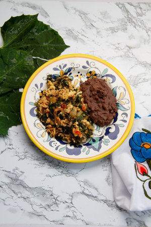 Traditional Yucatan food: Scrambled eggs with chaya.の写真素材