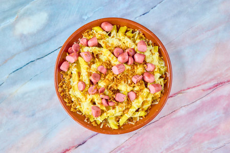 Traditional mexican corn salad with sausages and cheese.の写真素材