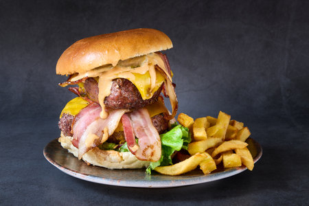 Cheese burger - American cheese burger with Golden French fries on dark backgroundの写真素材