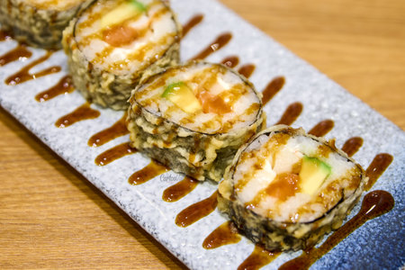 japanese cuisine. closeup of sushi rolls on a plateの写真素材
