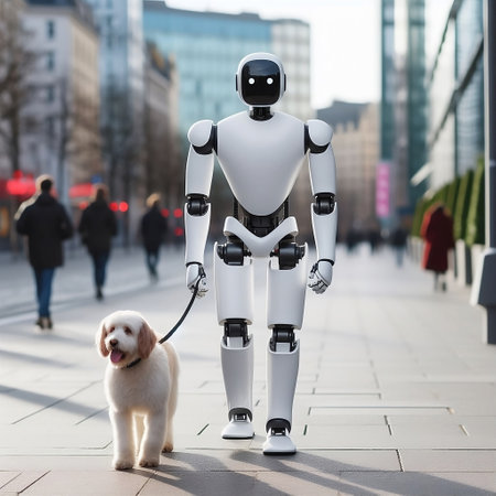 White robot with a dog in the city. Concept of artificial intelligence.の素材