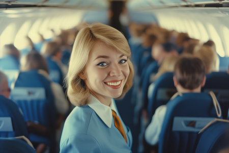 Portrait of smiling stewardess in airplane cabin with passengers in backgroundの素材