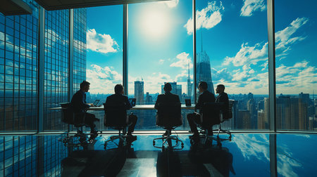 Business people in conference room with panoramic window and city viewの素材